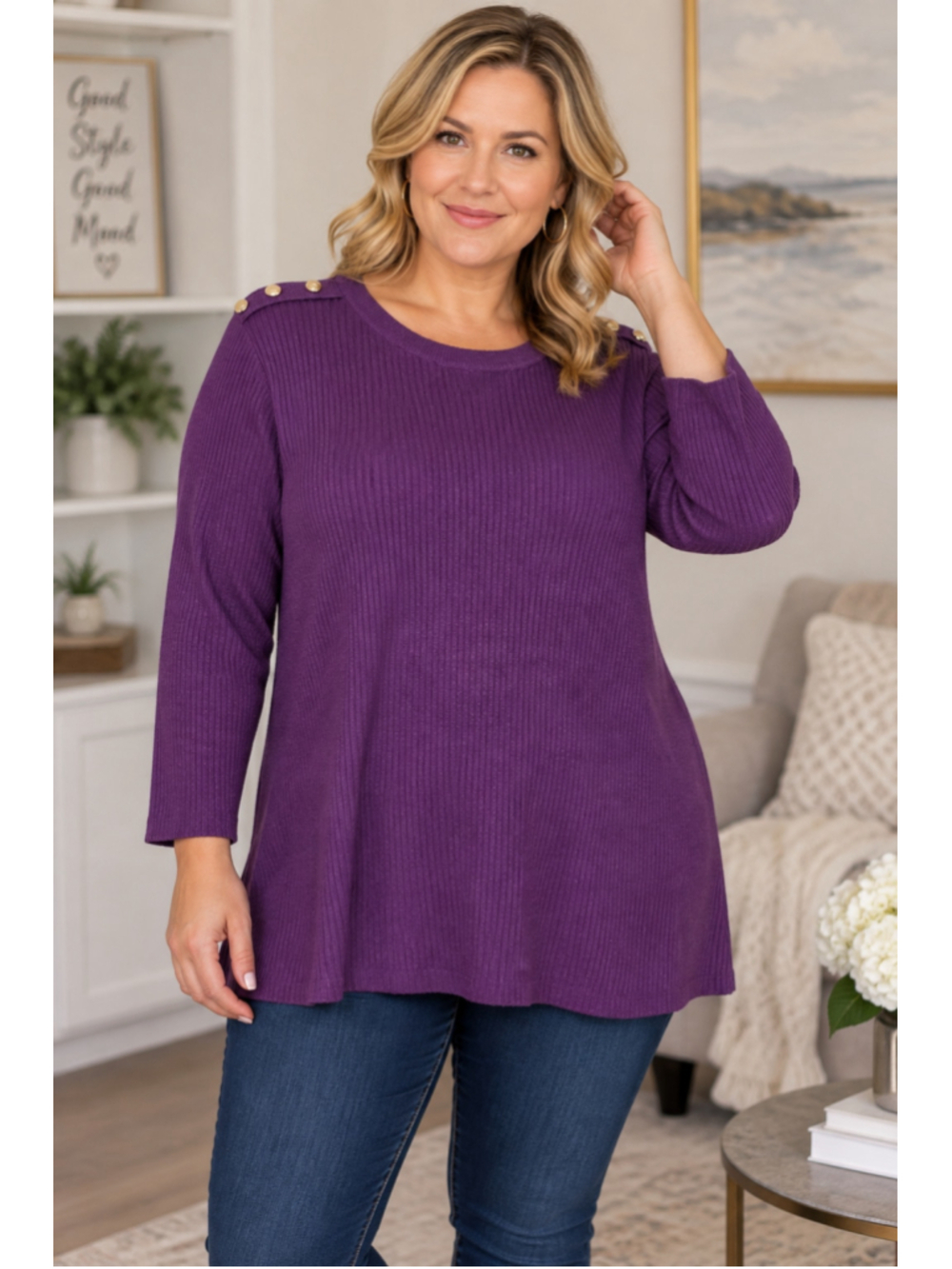 Investments Purple Ribbed Crew Neck Sweater Gold Button Detail Women’s Size 1X